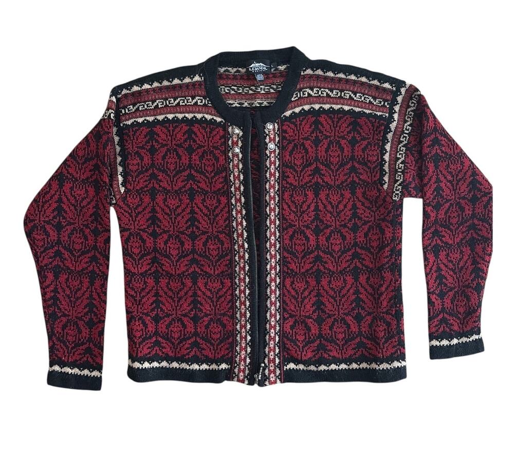 Icelandic Design Wool Full Zip Cardigan Fair Isle Sweater Red Black EUC Large
